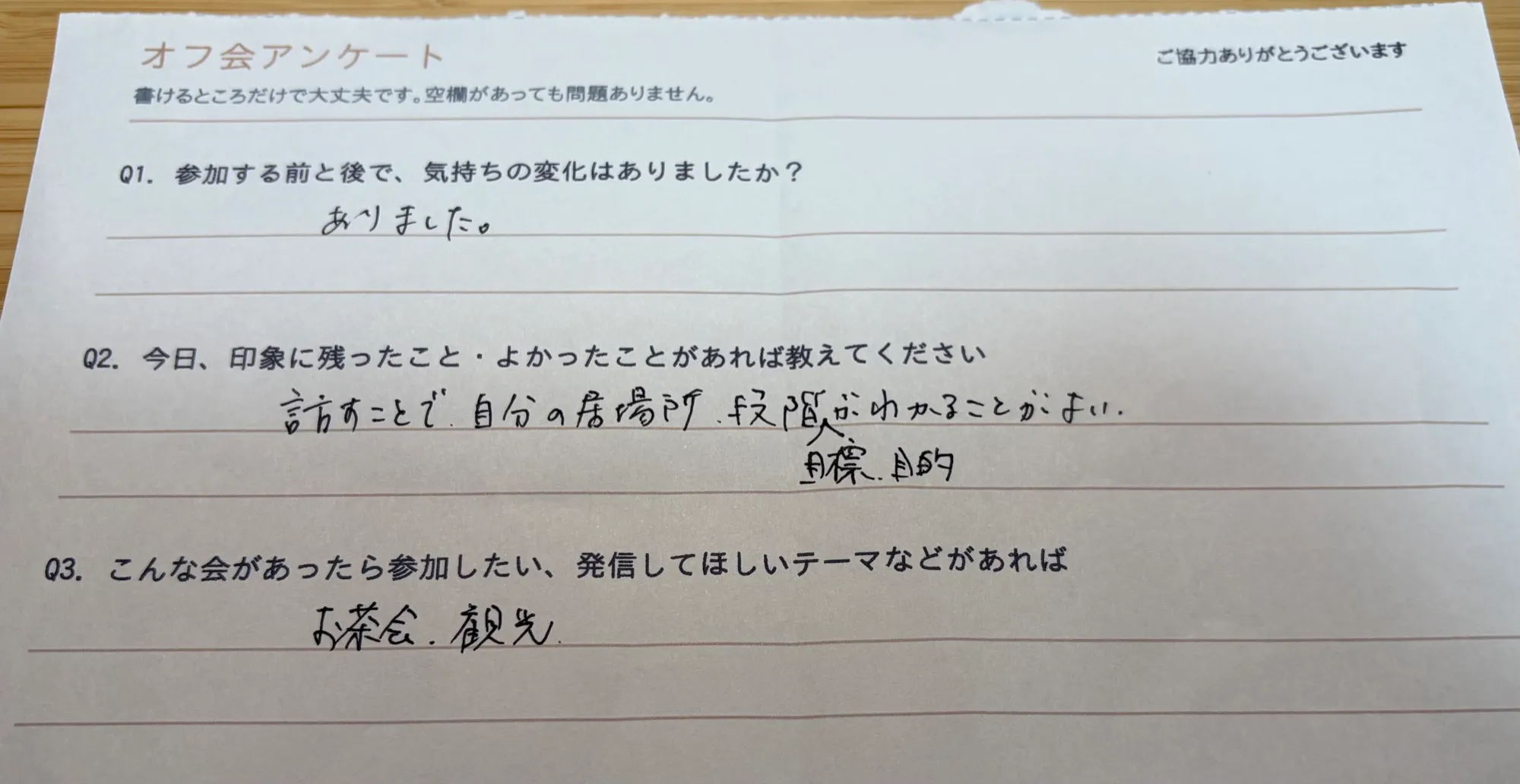 当日のアンケート用紙