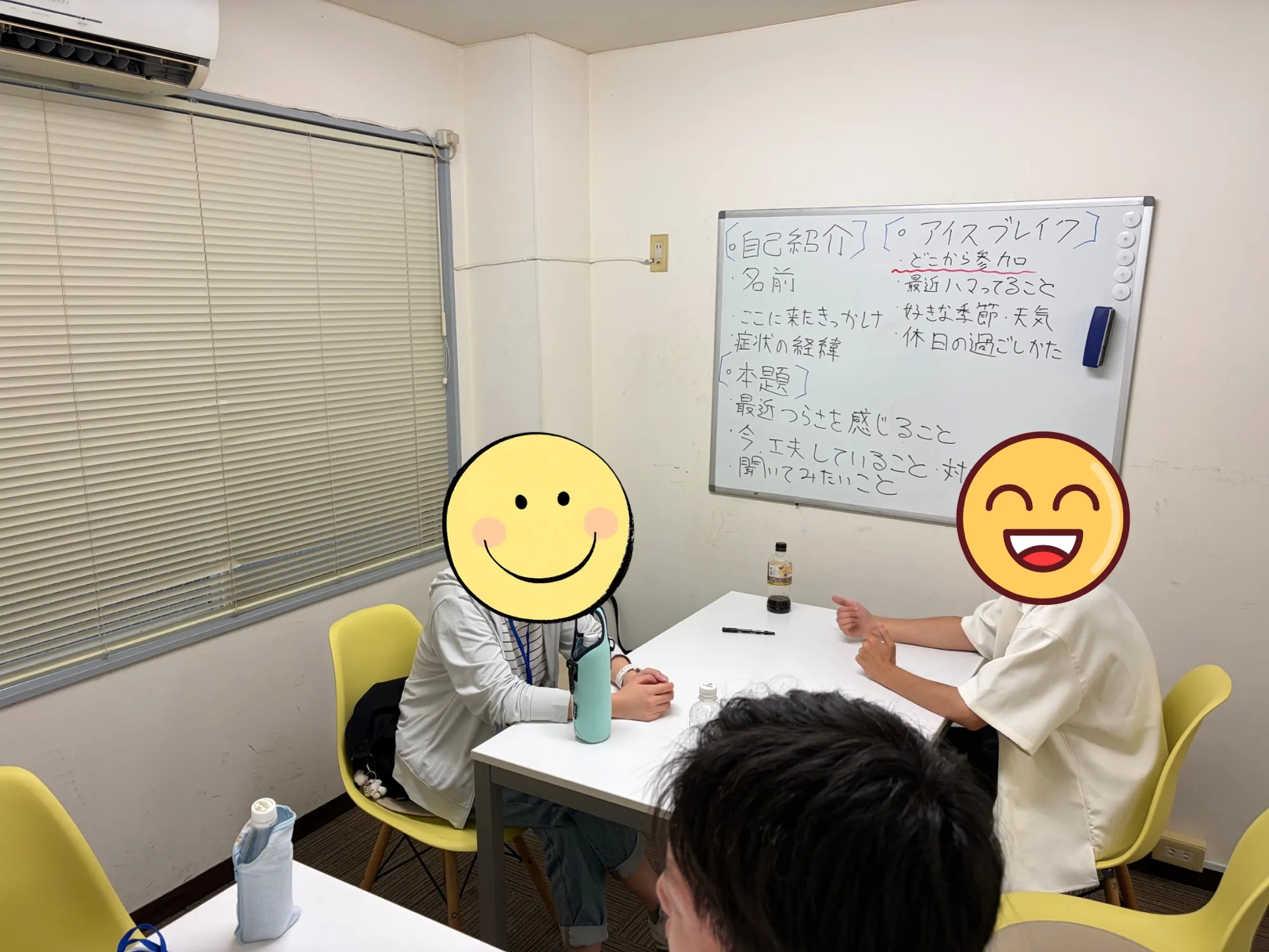 ホワイトボードの前で、テーブルを囲んで話す参加者