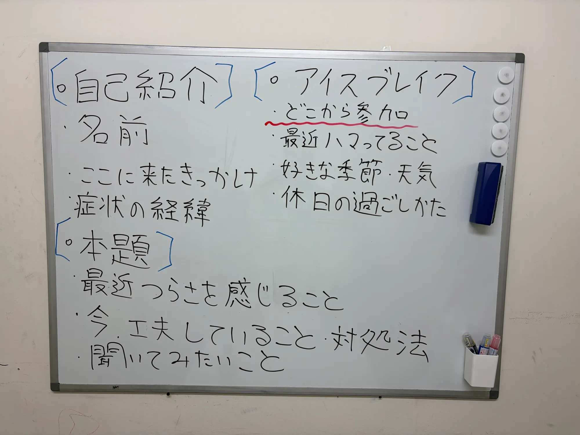 当日の進行を書いたホワイトボード。自己紹介・アイスブレイク・本題の3つに分かれている